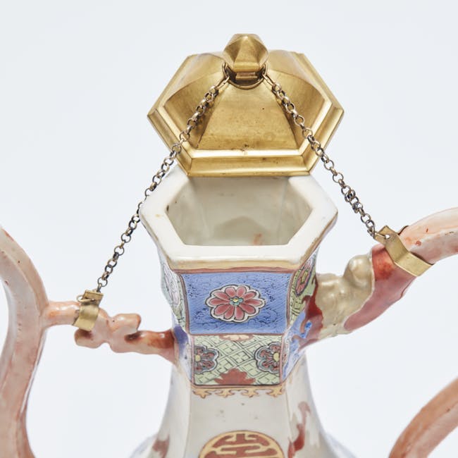 Chinese Enamel on Biscuit Porcelain Ewer with Metal Cover detail