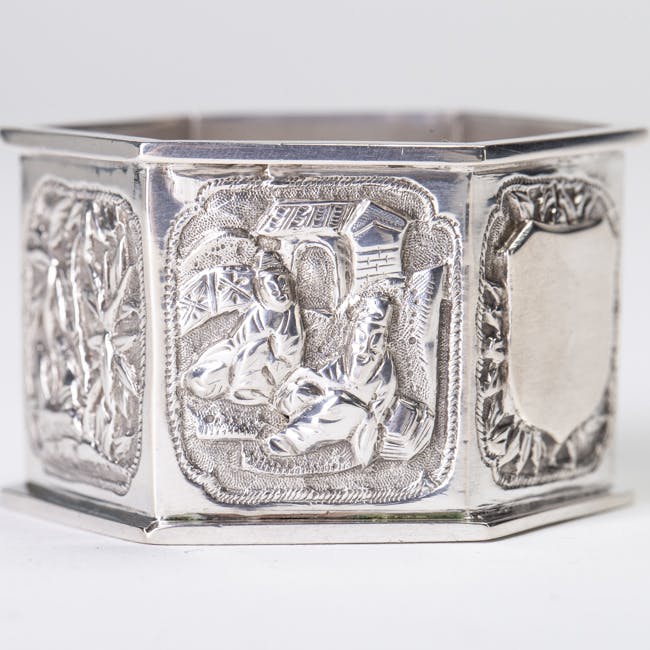 Chinese Export Silver Hexagonal Napkin Ring figures