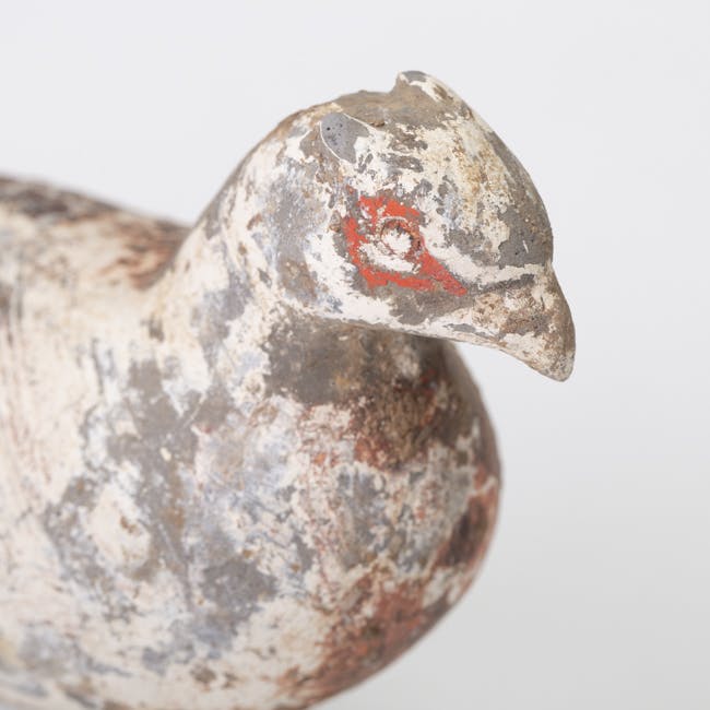 china, chinese art, pottery bird, terracotta, bronze feet, red eye detail