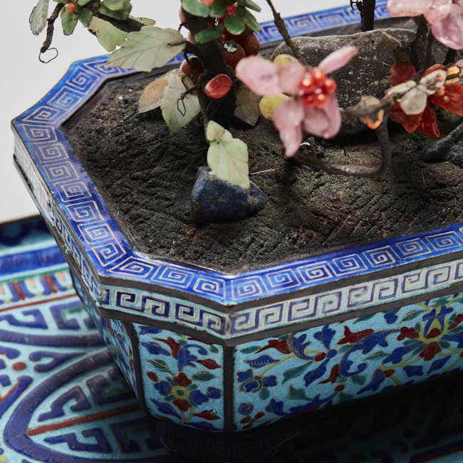 A Hardstone Embellished Miniature tree in a cloisonné enamel Jardiniere on a tray