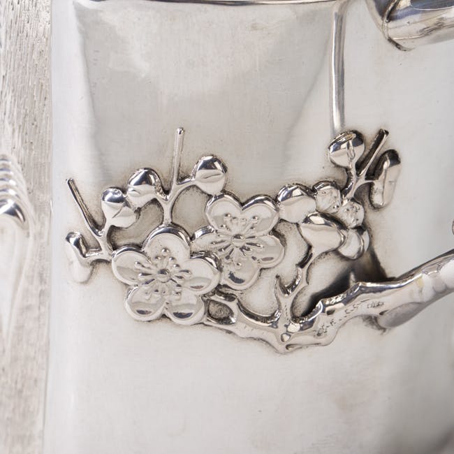 Chinese Export Silver Tree Trunk Tea Service plum blossom detail