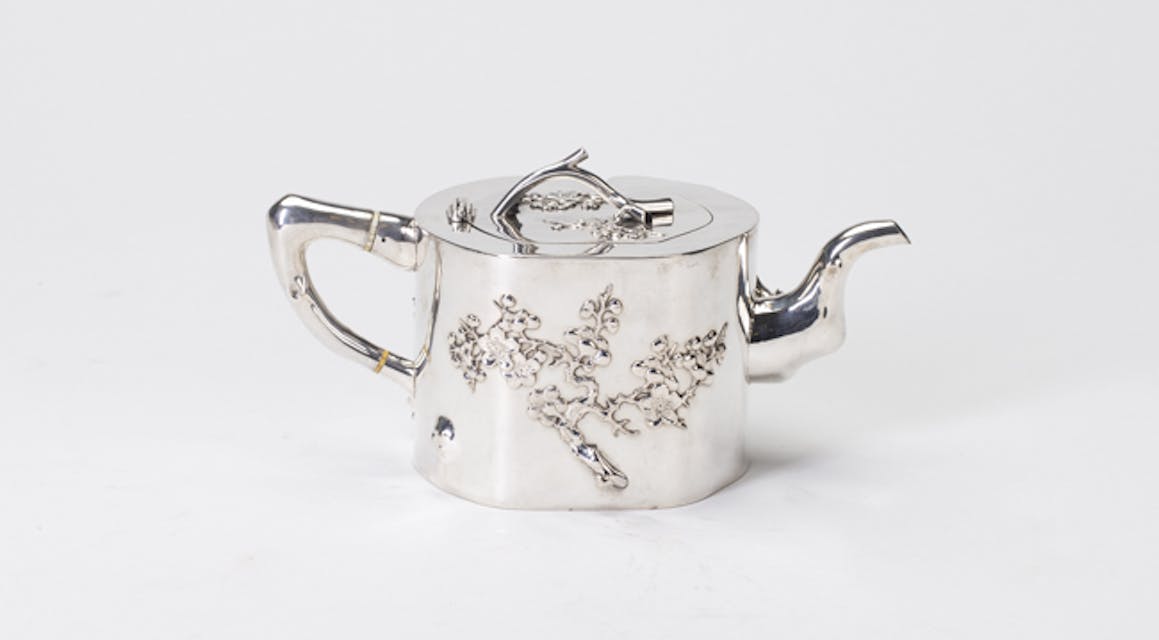 Chinese Export Silver Tree Trunk Tea Service plum blossom tea pot