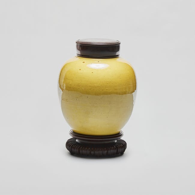 Chinese Enamel on Biscuit Coloured Porcelain Yellow Jar with Wooden Cover and Stand