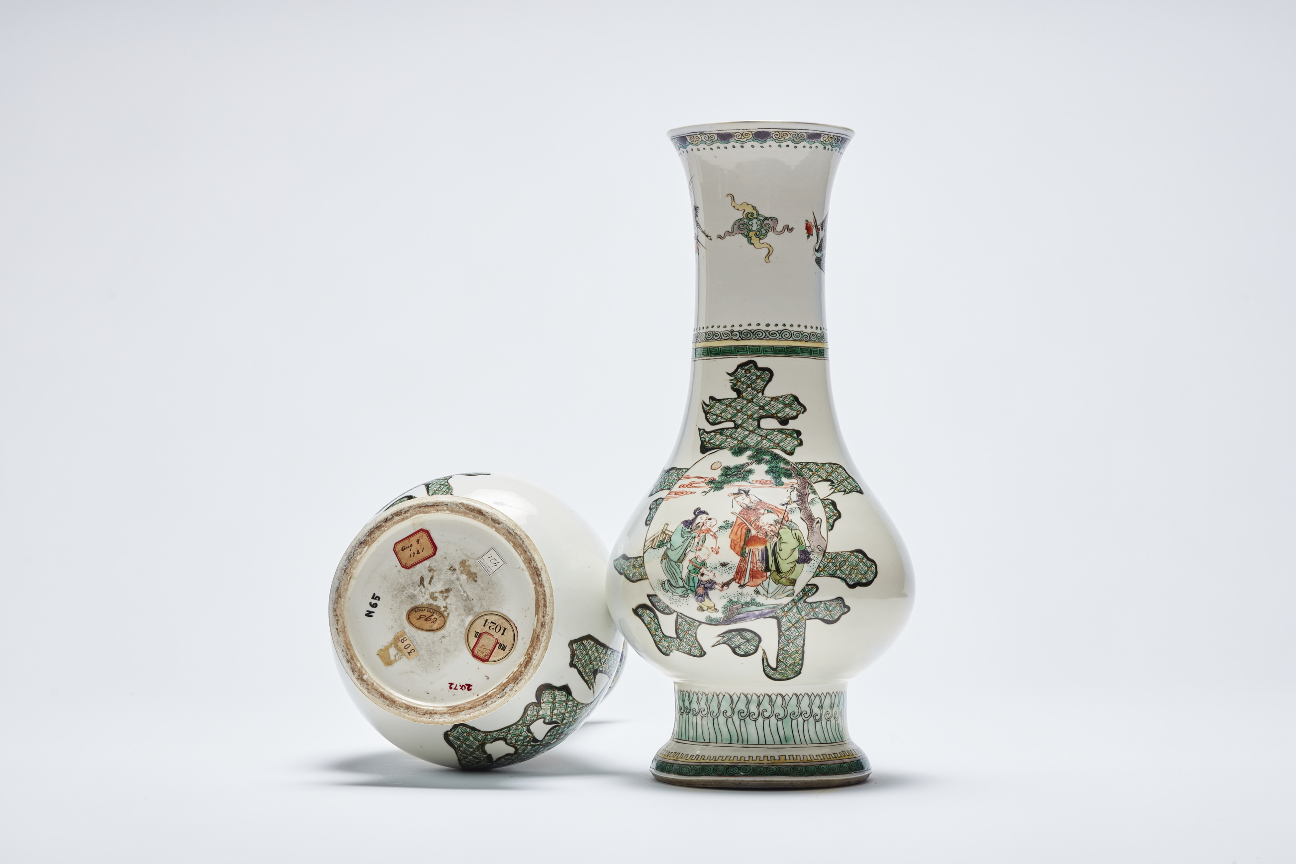 chinese famille verte porcelain auspicious vases from the Morgan and Garland collections underside labels