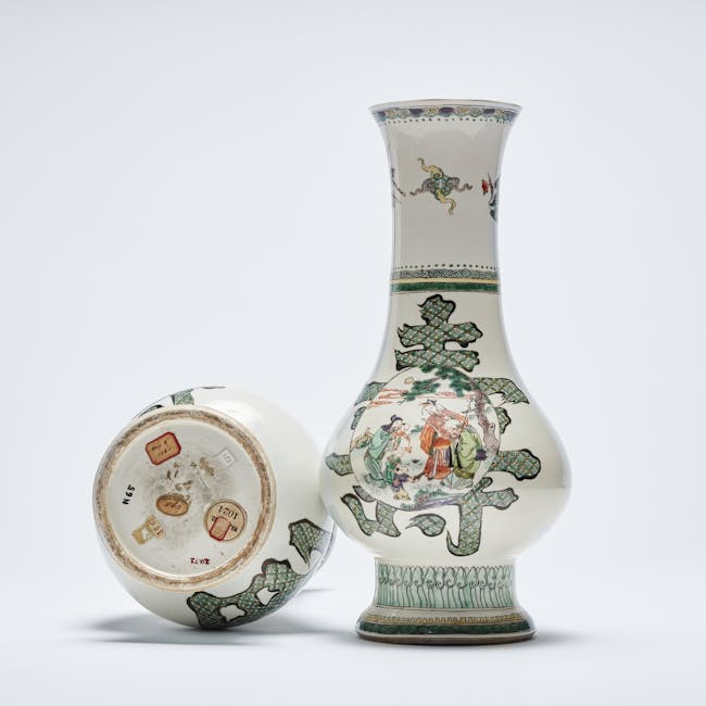 chinese famille verte porcelain auspicious vases from the Morgan and Garland collections underside labels