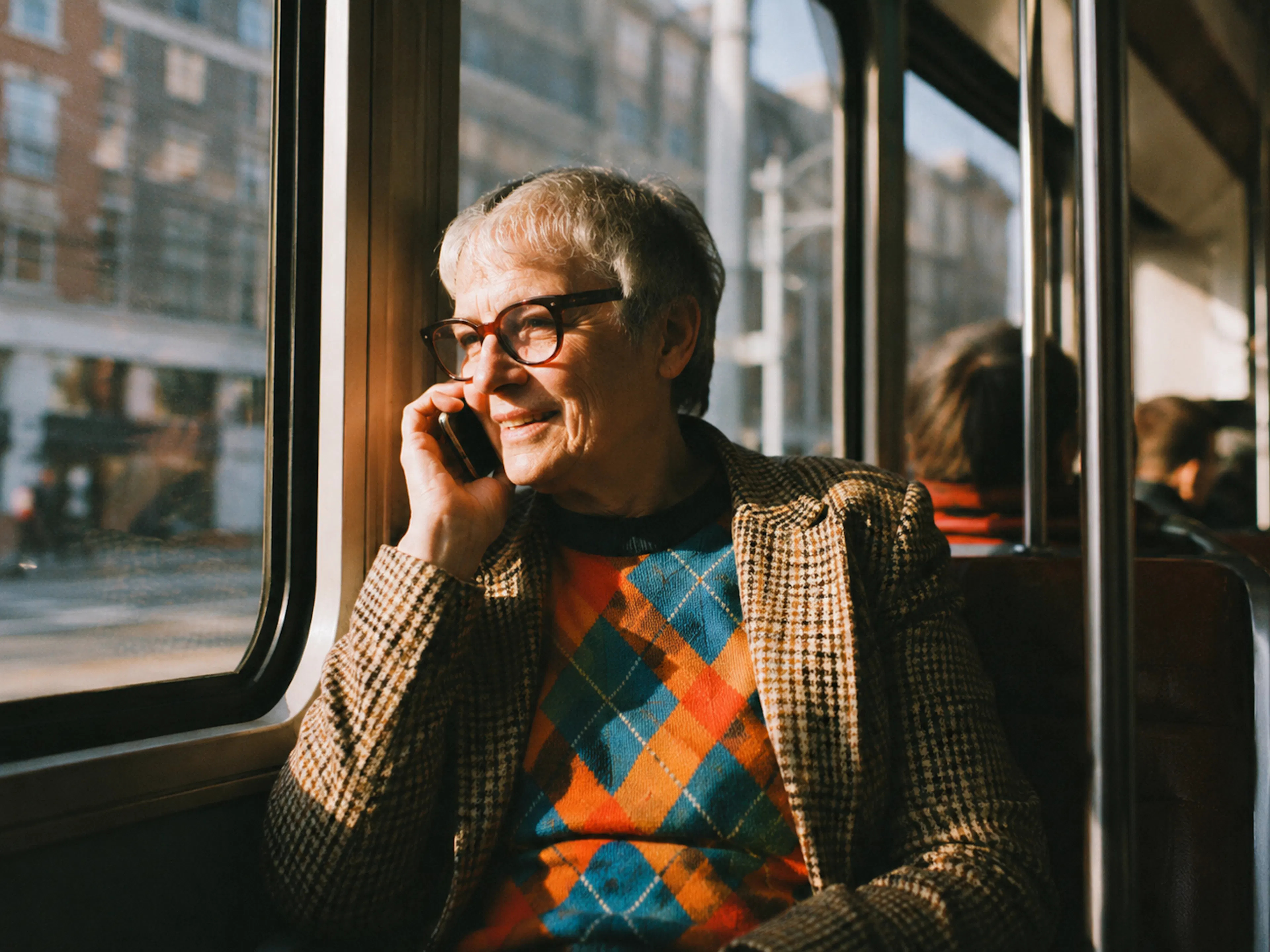 happy elderly woman on the bus talking on phone
