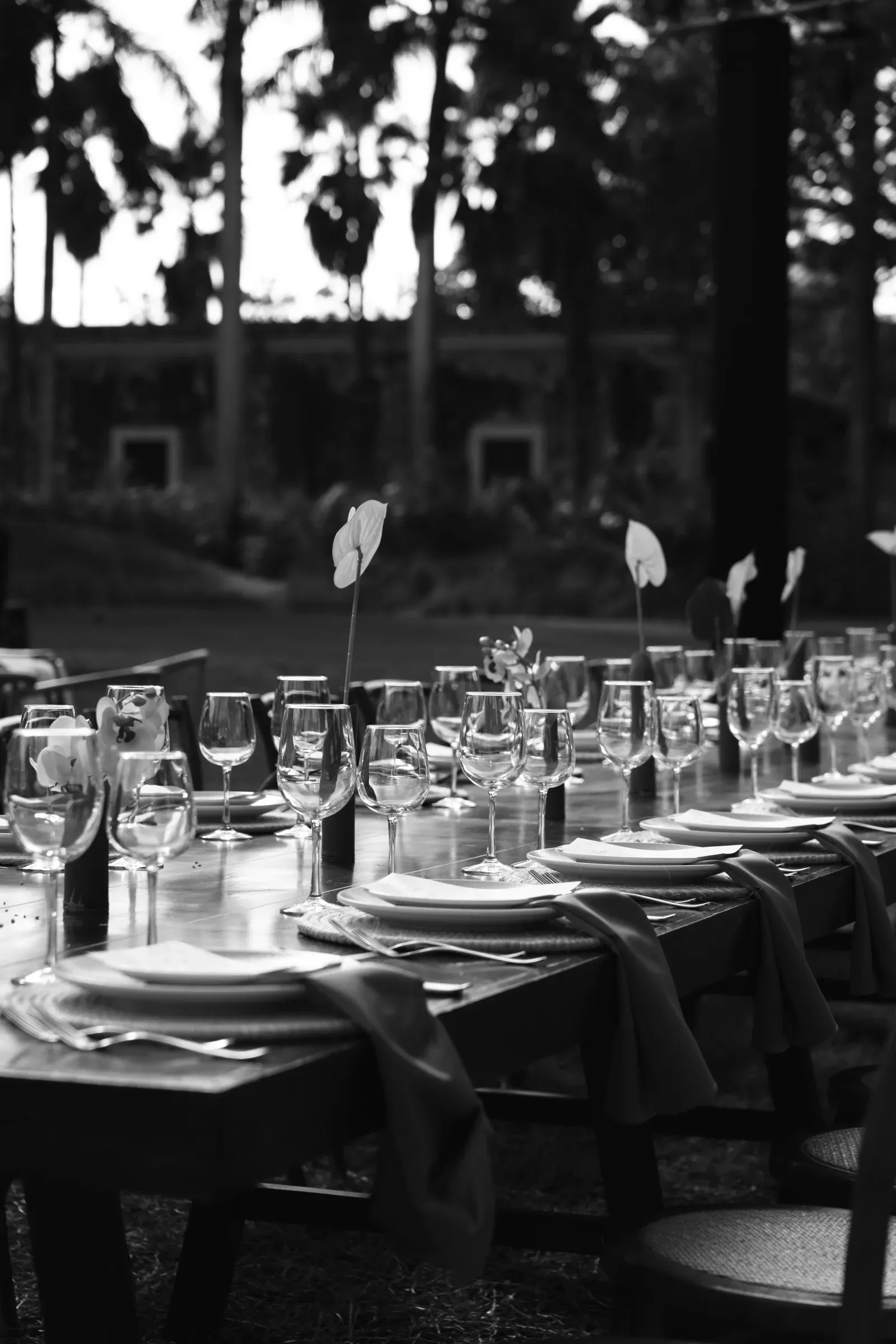 Elegante mesa en blanco y negro para exteriores con copas de vino, platos, servilletas y centros de mesa florales altos, creando un ambiente sofisticado.