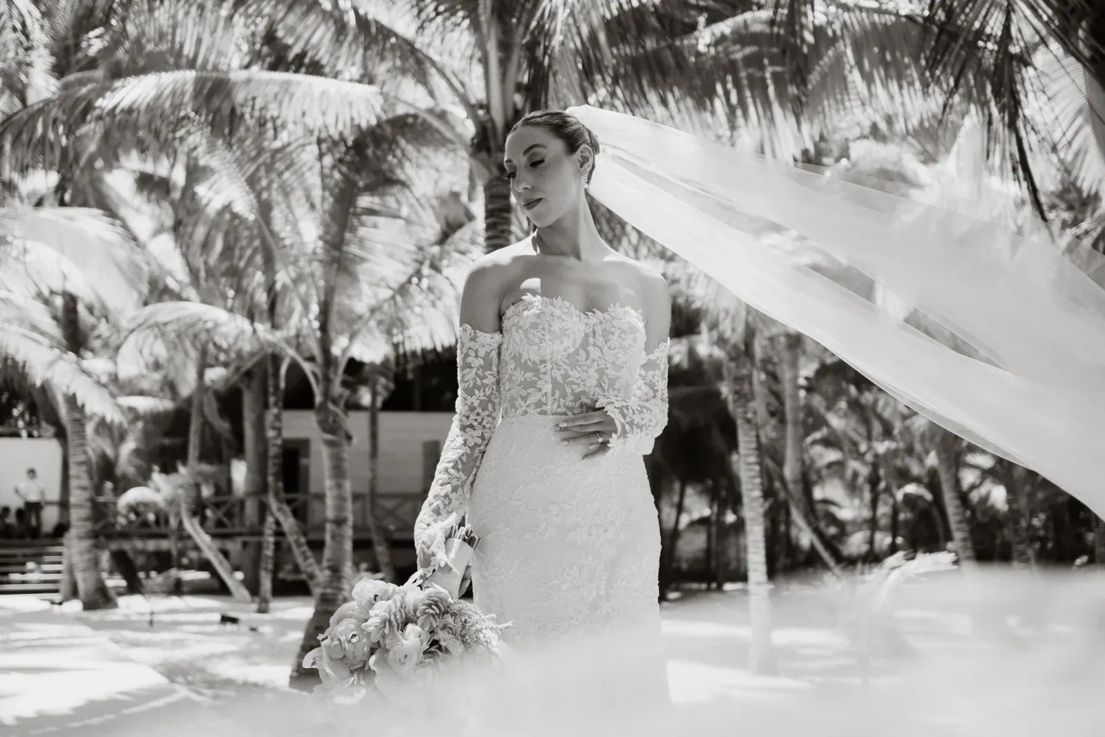La novia, con un vestido de encaje, se yergue elegante bajo las palmeras, sosteniendo un ramo. El velo ondea con la brisa, creando una atmósfera elegante y serena. Blanco y negro.