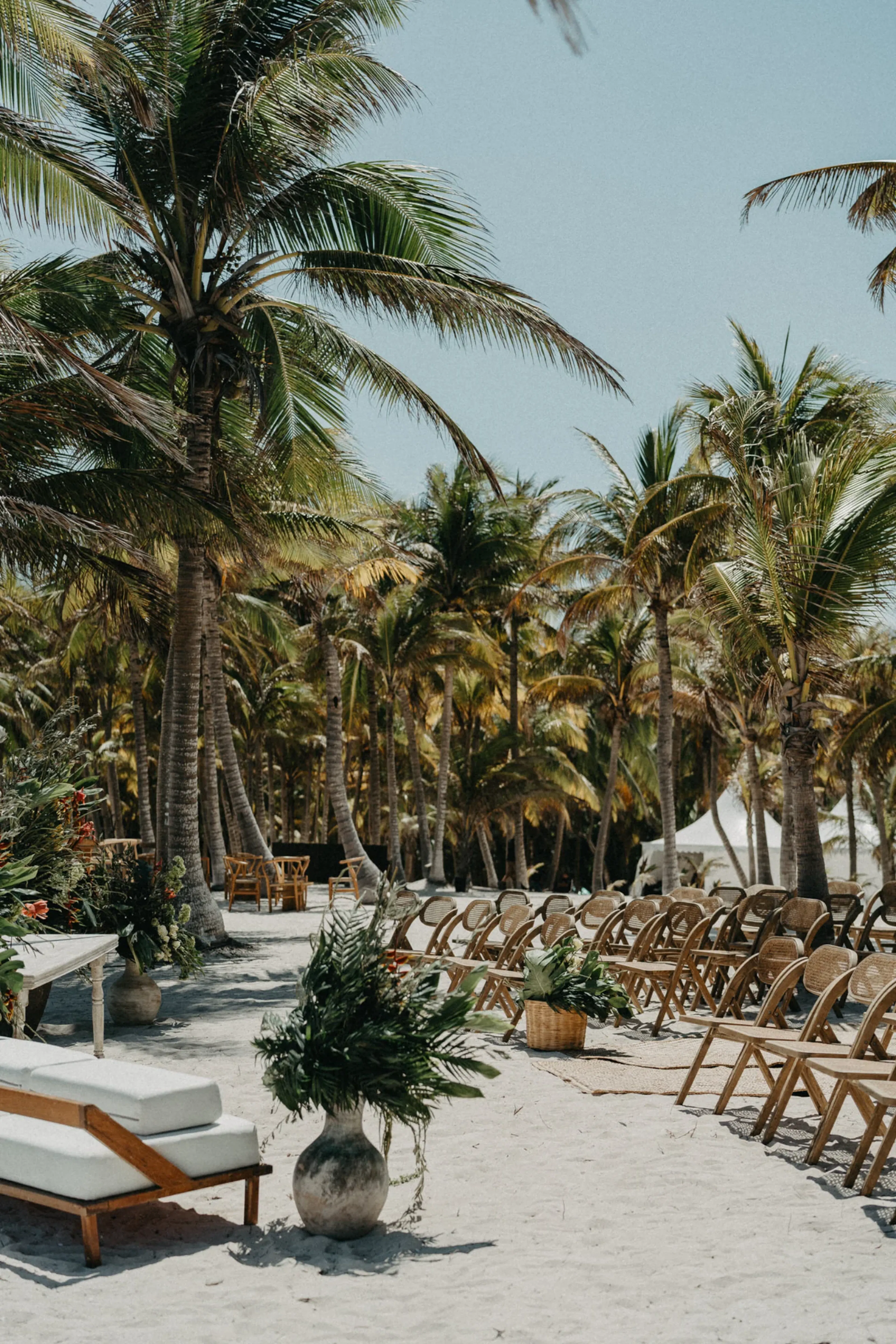 Boda en una soleada playa con palmeras, sillas de madera en hilera sobre la arena y exuberante vegetación en macetas. El ambiente es tranquilo y acogedor.