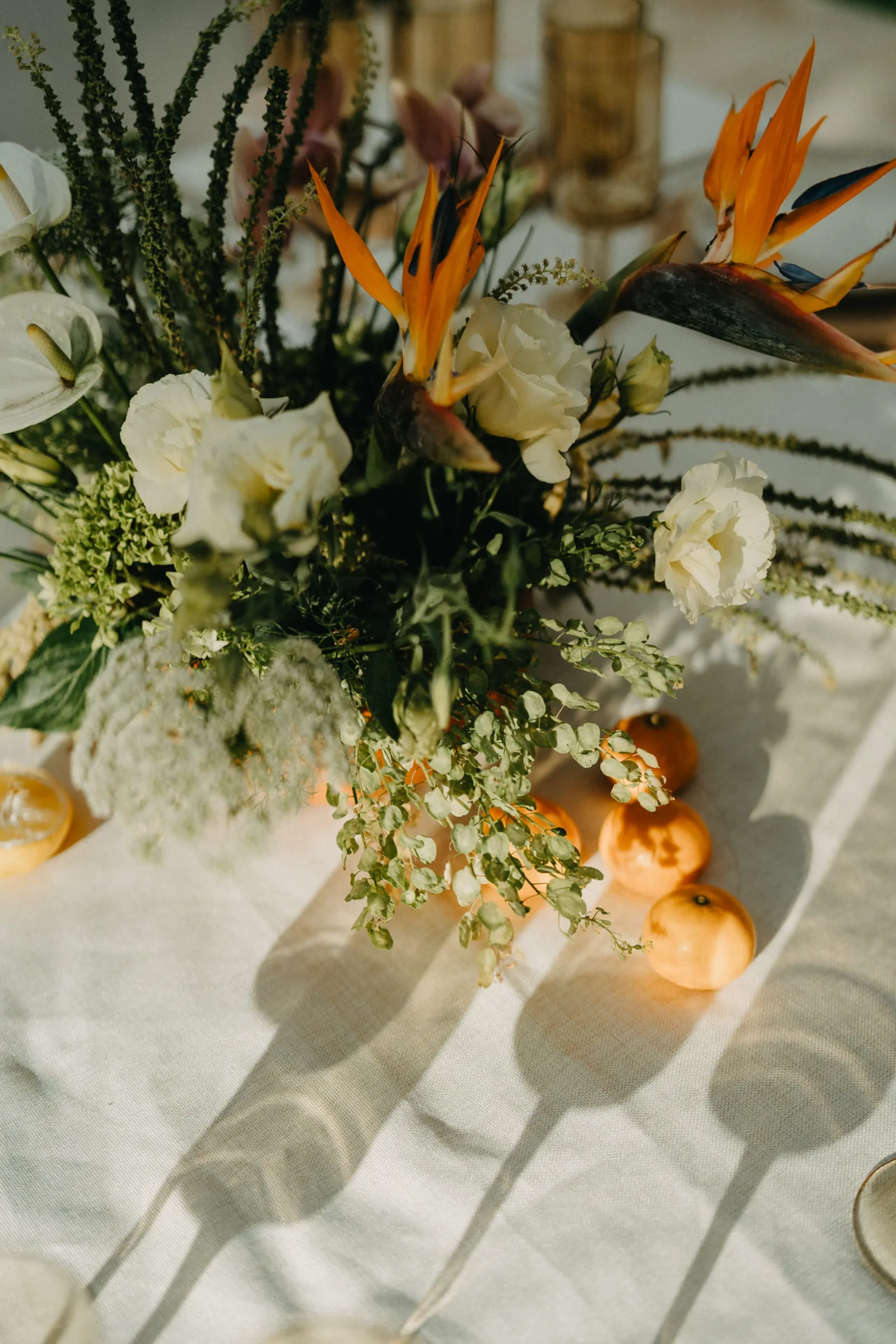 Un vibrante arreglo floral con rosas blancas, follaje y una vibrante Strelitzia naranja sobre un mantel. Cerca, pequeños frutos naranjas proyectan suaves sombras.
