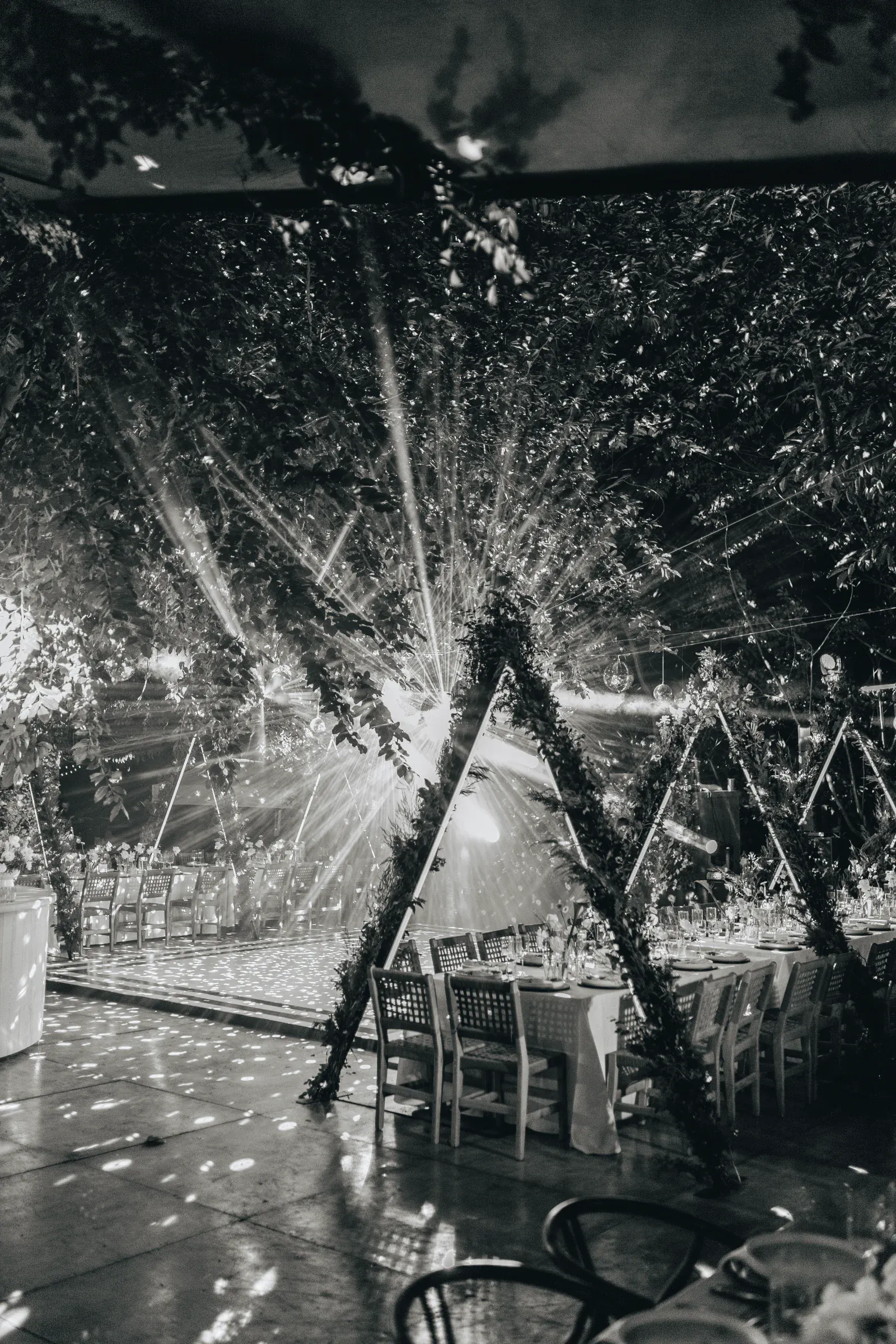 Fotografía en blanco y negro de un comedor elegante y exuberante con largas mesas, sillas y arcos cubiertos de vegetación. La iluminación radiante crea un ambiente mágico y festivo.