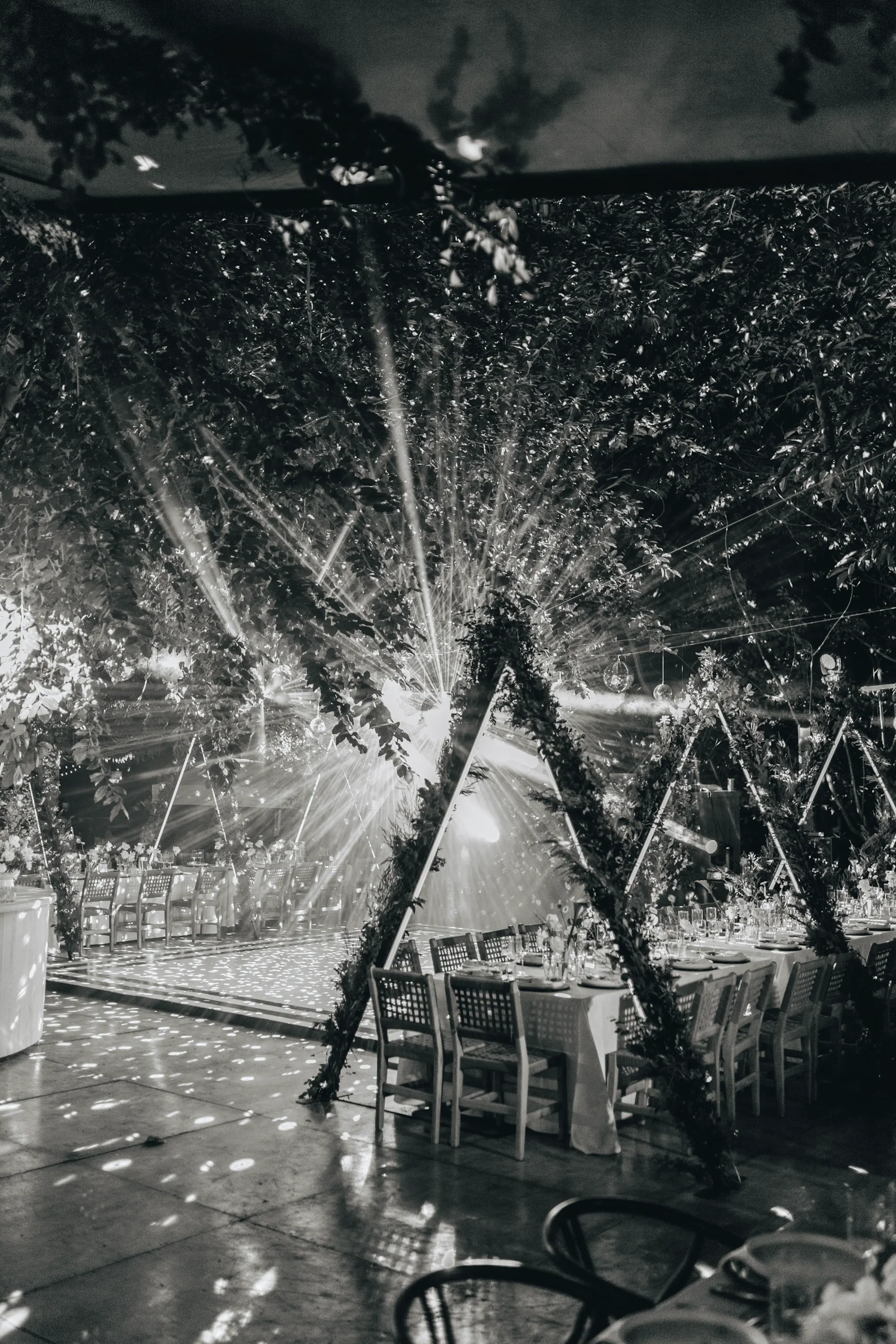 Fotografía en blanco y negro de un comedor elegante y exuberante con largas mesas, sillas y arcos cubiertos de vegetación. La iluminación radiante crea un ambiente mágico y festivo.