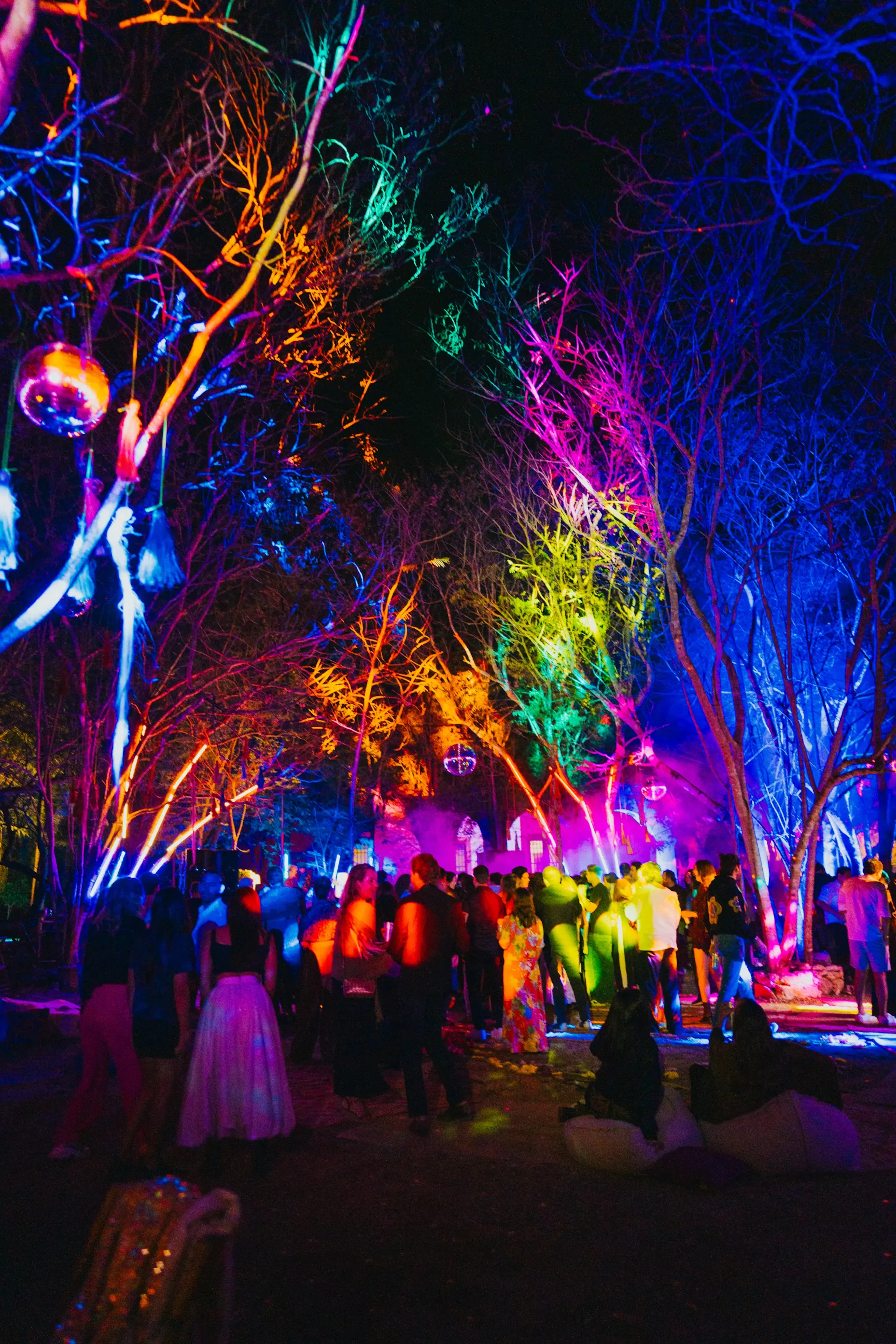 Una vibrante fiesta nocturna al aire libre con luces de colores que iluminan los árboles sin hojas, creando un ambiente festivo. La multitud baila con energía bajo un cielo estrellado.
