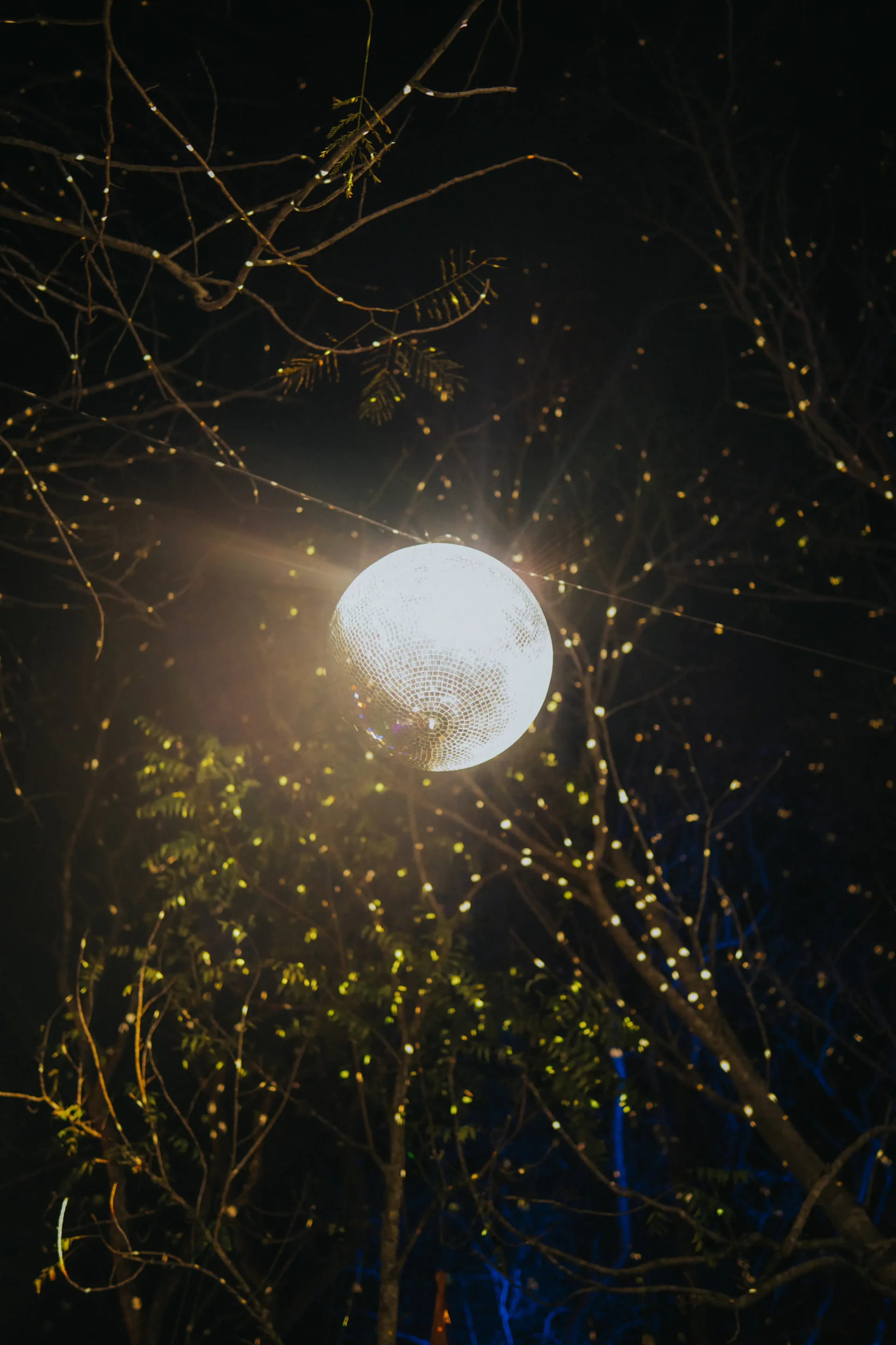 Una bola de discoteca brillante cuelga entre las ramas de los árboles por la noche, rodeada de luces de colores centelleantes, creando una atmósfera festiva y mágica.
