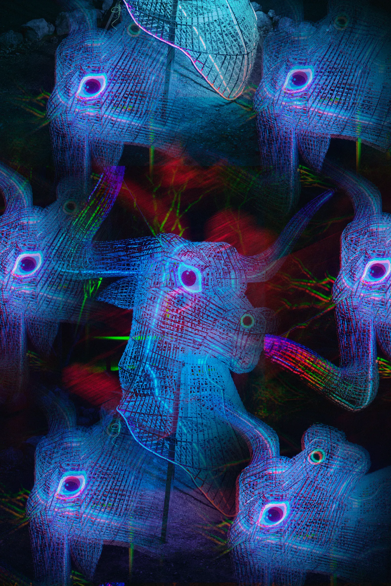 Imagen surrealista que presenta múltiples cabezas de toro azules brillantes con patrones de cuadrícula, ojos de neón y líneas rojas y verdes entrelazadas, creando una atmósfera de ensueño.