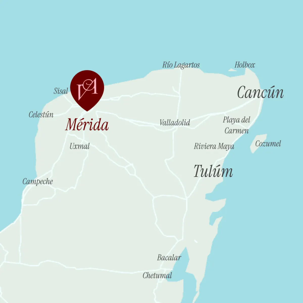 Mapa de Yucatán, México, con Mérida resaltada en rojo. Entre las ciudades cercanas se encuentran Cancún, Tulum y Cozumel. El fondo es azul claro.