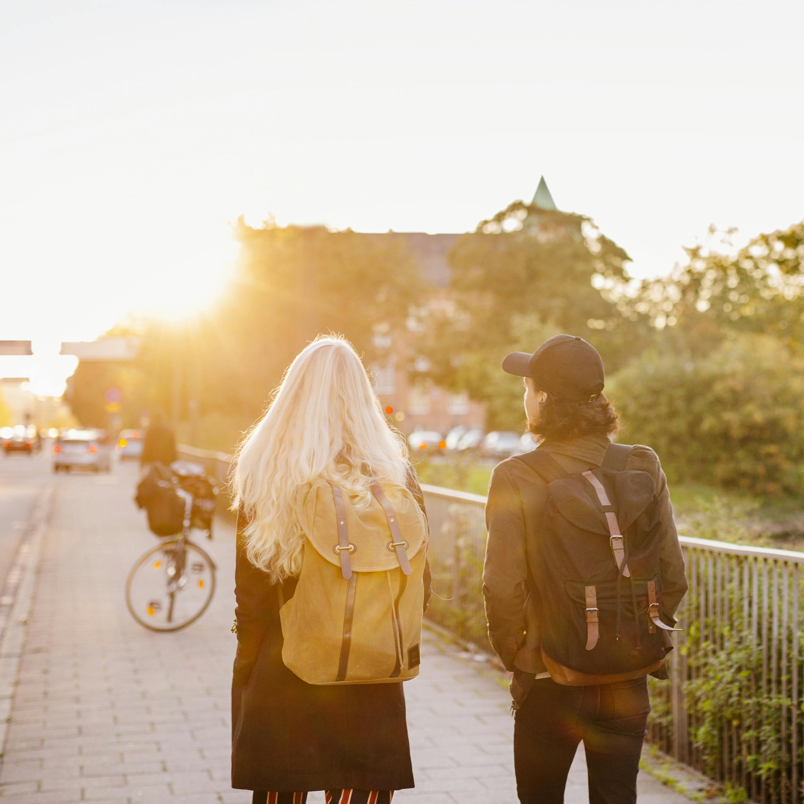 Rear view of teenage friends walking on footpath