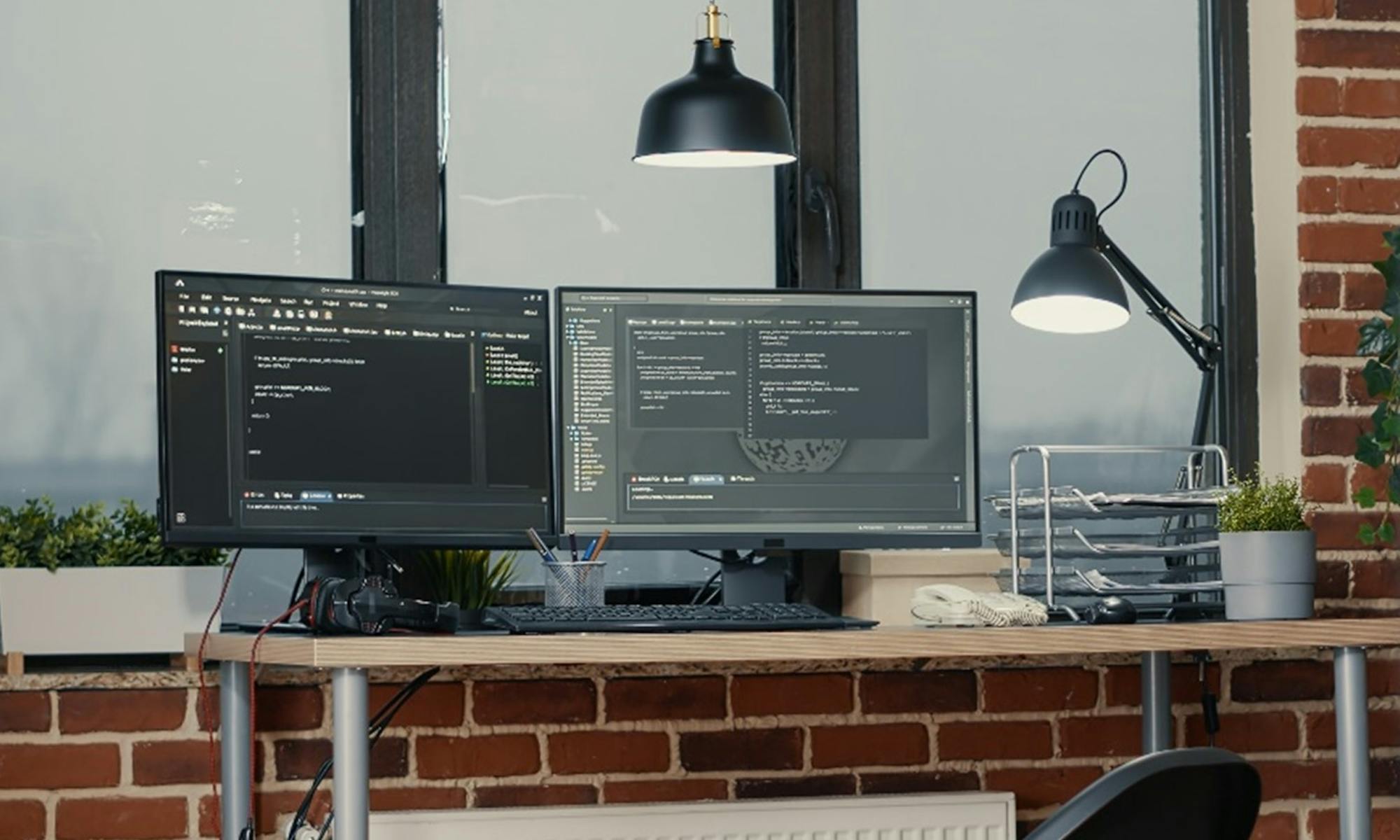 Source code displayed on desktop computers in an office