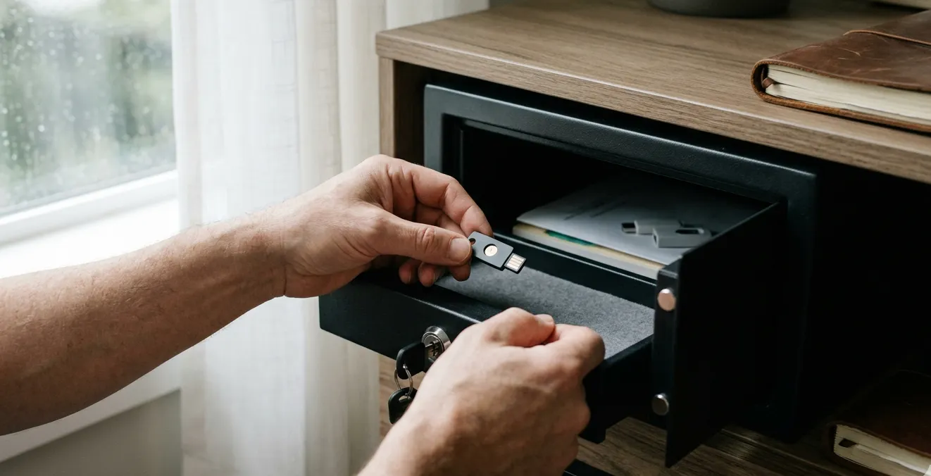 Hands placing a small device into a drawer, representing secure storage of crypto assets