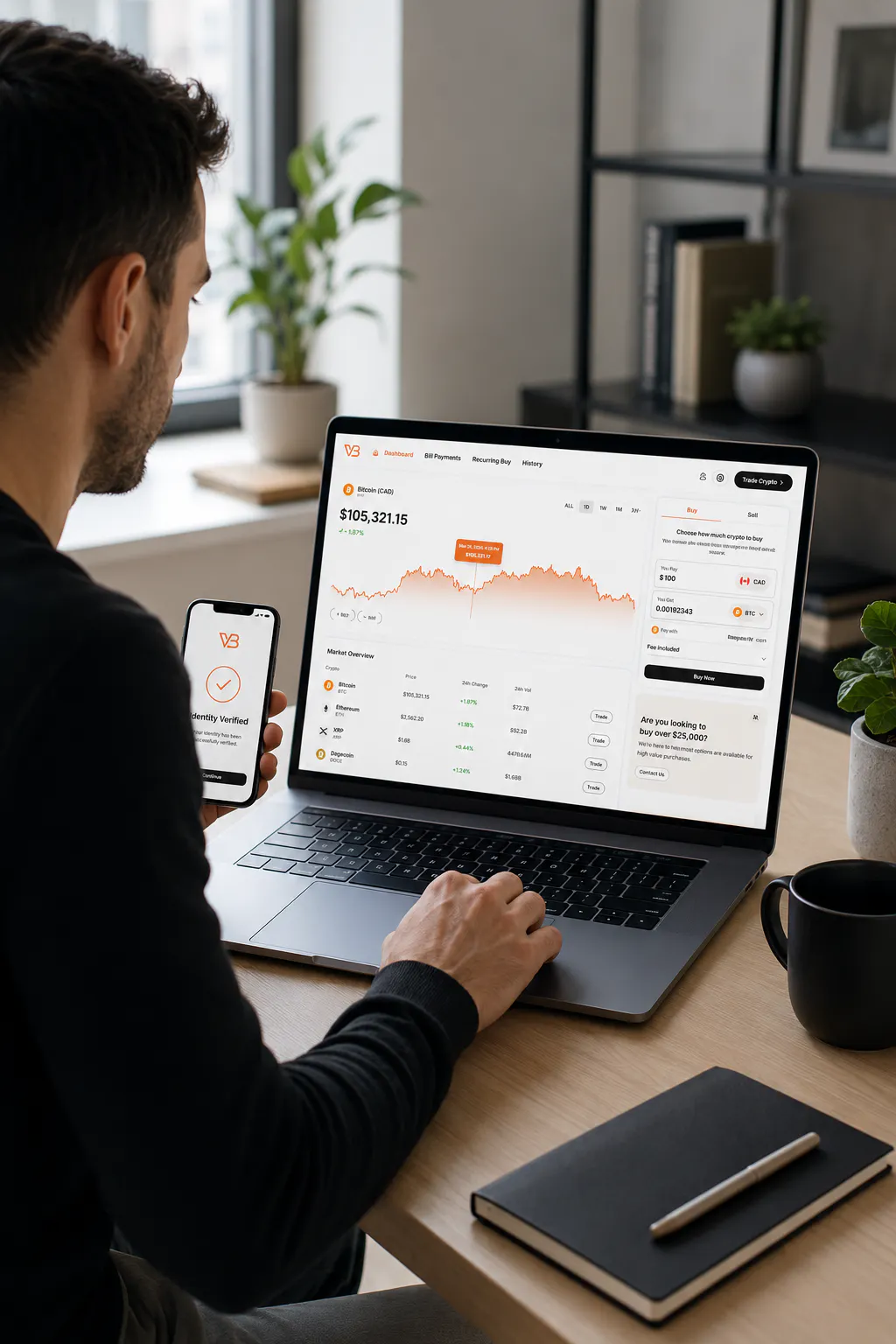 Person using the VBX crypto trading platform on a laptop and phone in a modern workspace.