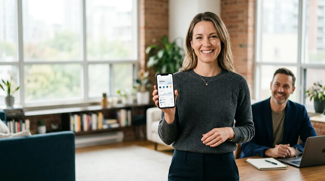 Confident Canadian crypto owner using the VBX app while an advisor stands ready to help, representing buying crypto online and holding it in your own wallet