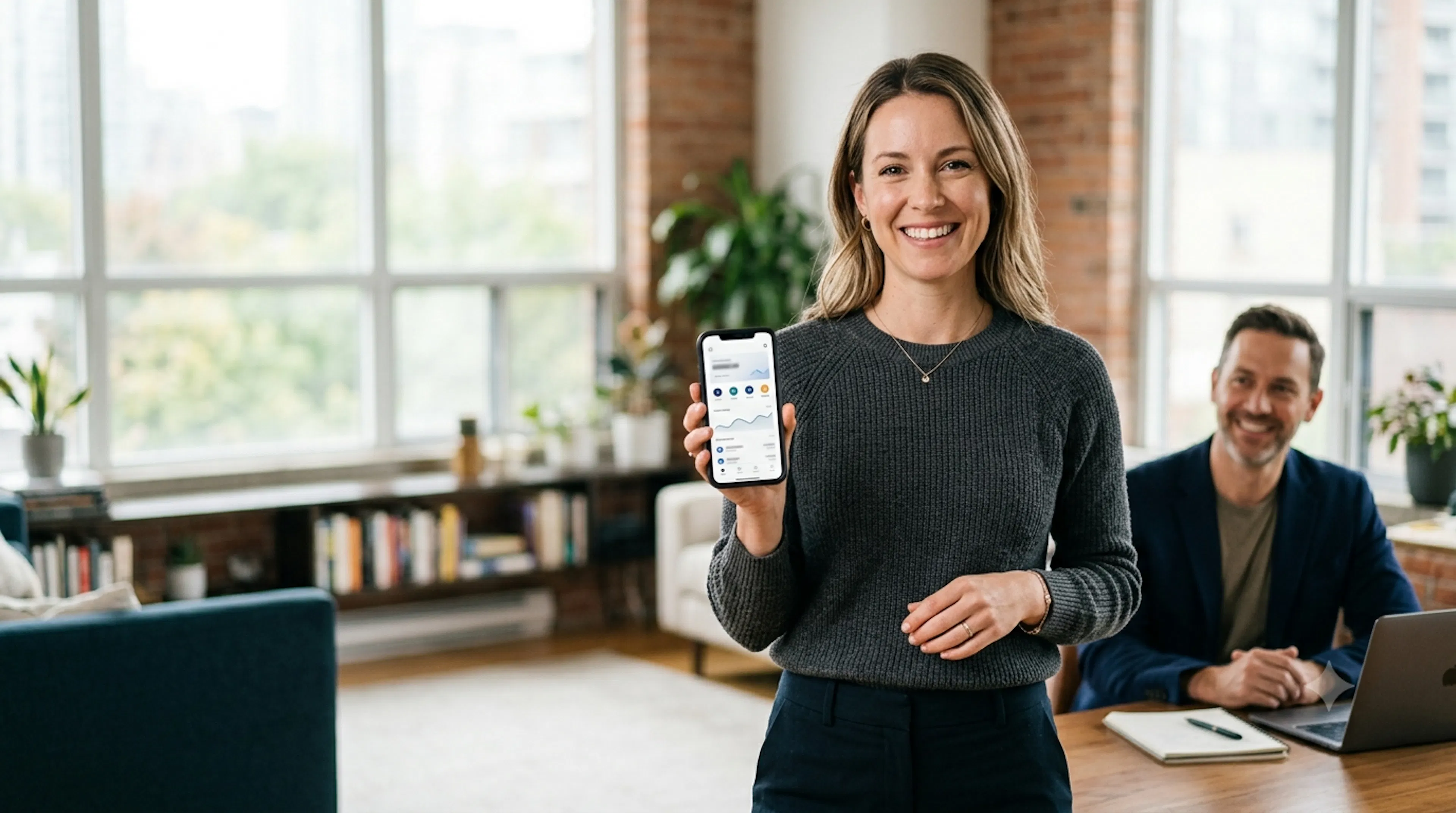 Confident Canadian crypto owner using the VBX app while an advisor stands ready to help, representing buying crypto online and holding it in your own wallet