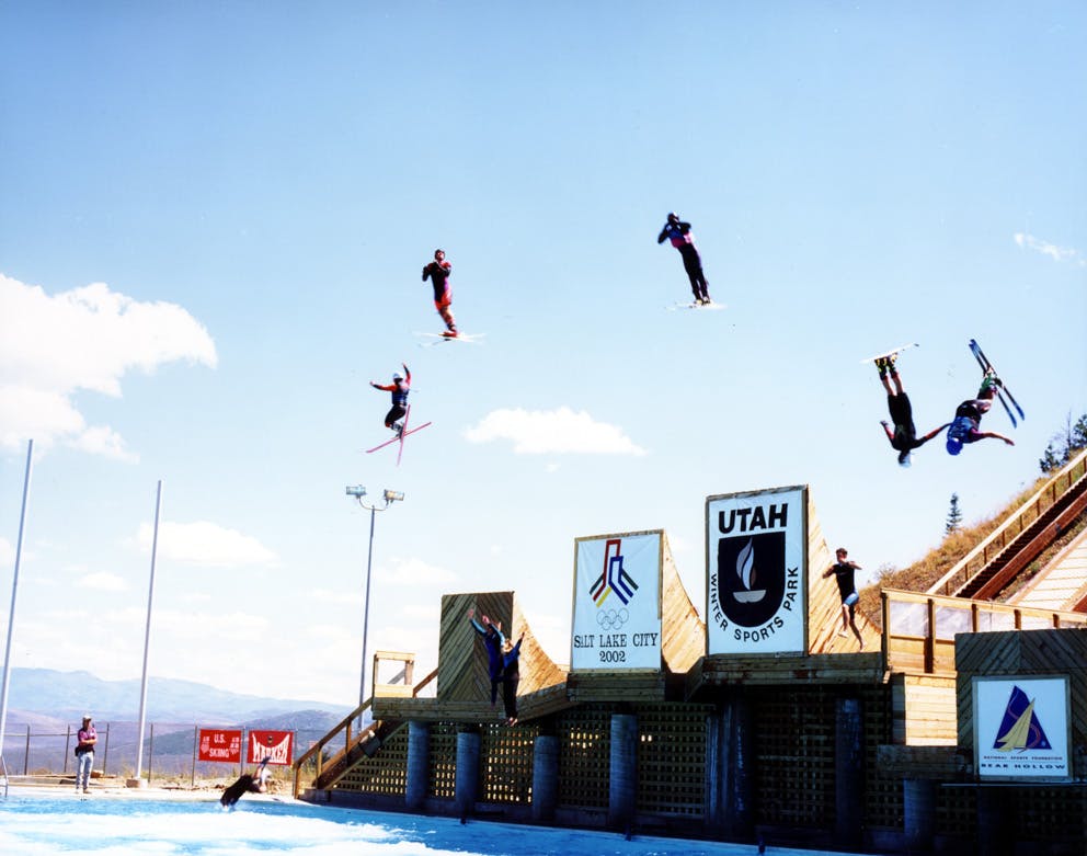 Freestyle jumpers using the Utah Olympic Park.