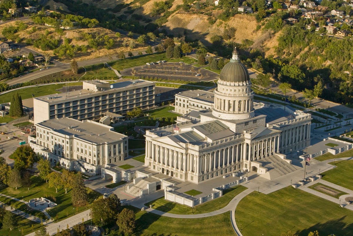 Aerial photograph of the Utah State Capitol.