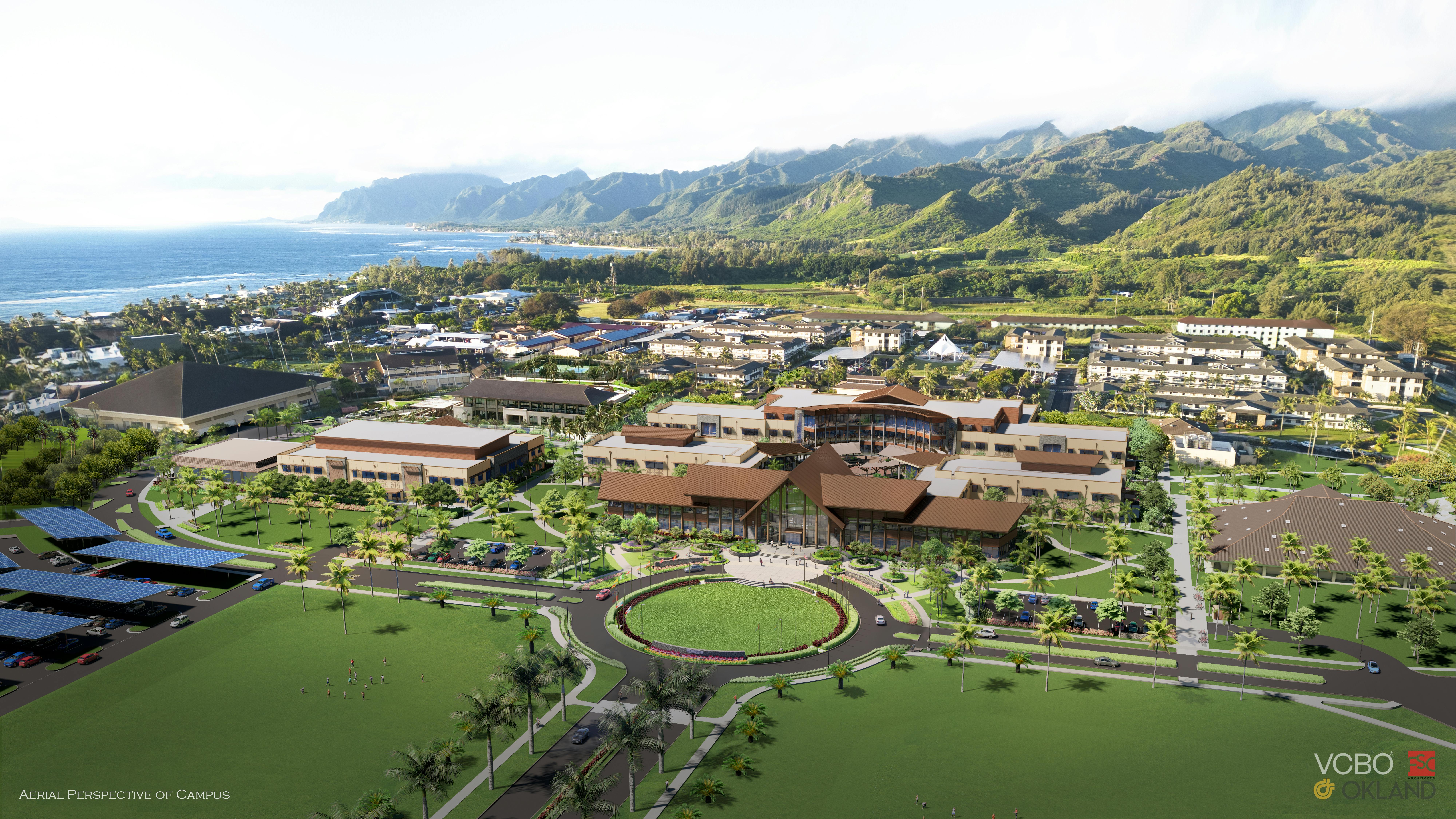 Aerial rendering of the BYU–Hawaii McKay Complex showing new campus buildings set between the ocean and mountains.