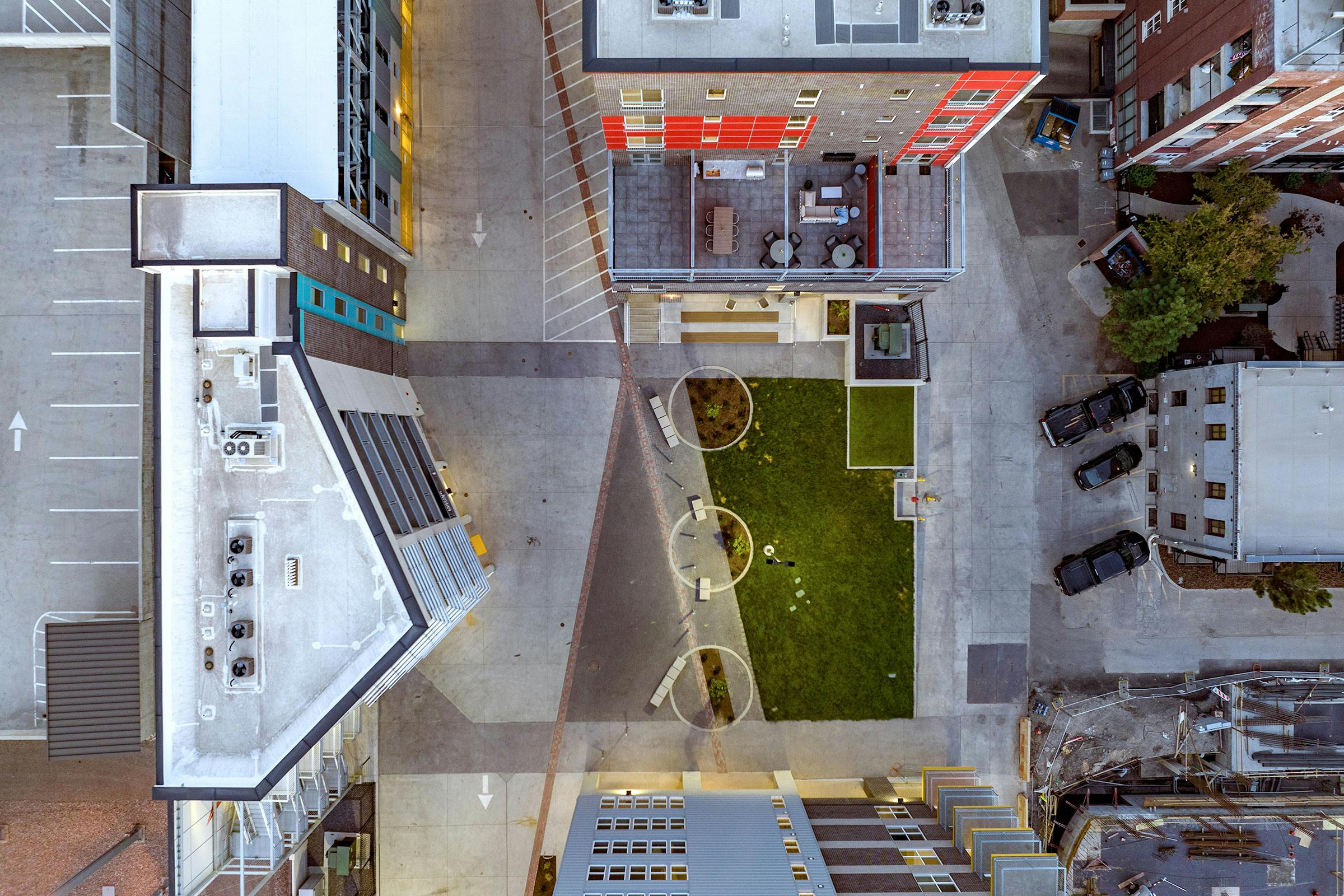 Aerial over Paperbox Lofts park