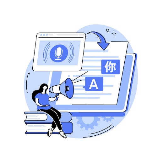 Persoon praat in megafoon en op het scherm verschijnt een vertaling