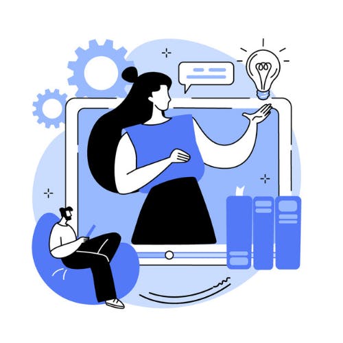 Cursist zit in zetel en volgt online les van lesgever met icoon van boeken en lamp