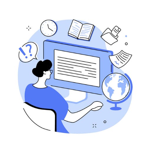 Cursist werkt op desktop met iconen van klok, boek, wereldbol