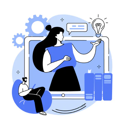 Cursist zit in zetel en volgt online les van lesgever met icoon van boeken en lamp