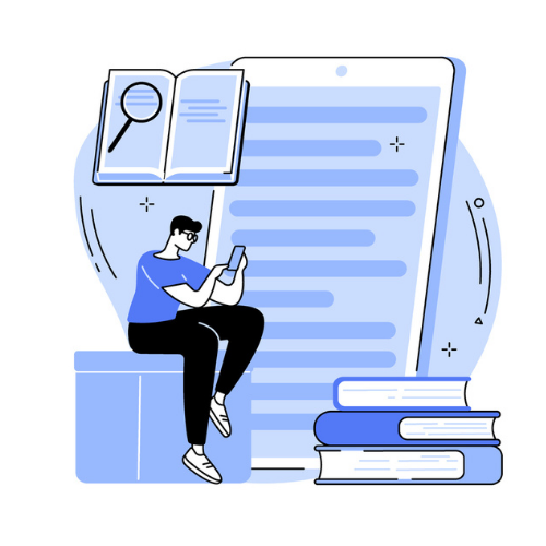 Cursist kijkt op smartphone, icoon van boeken en vergrootglas