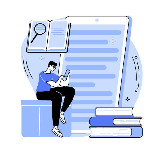 Cursist kijkt op smartphone, icoon van boeken en vergrootglas