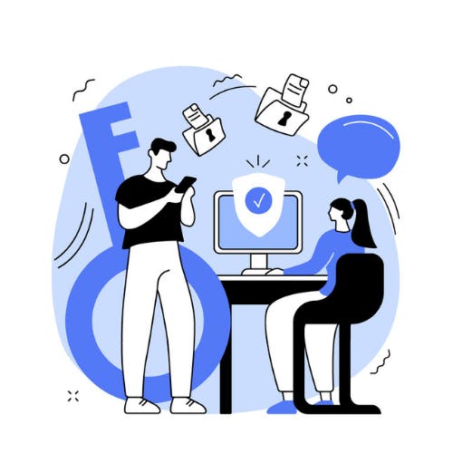 Twee personen bekijken iconen rond privacy