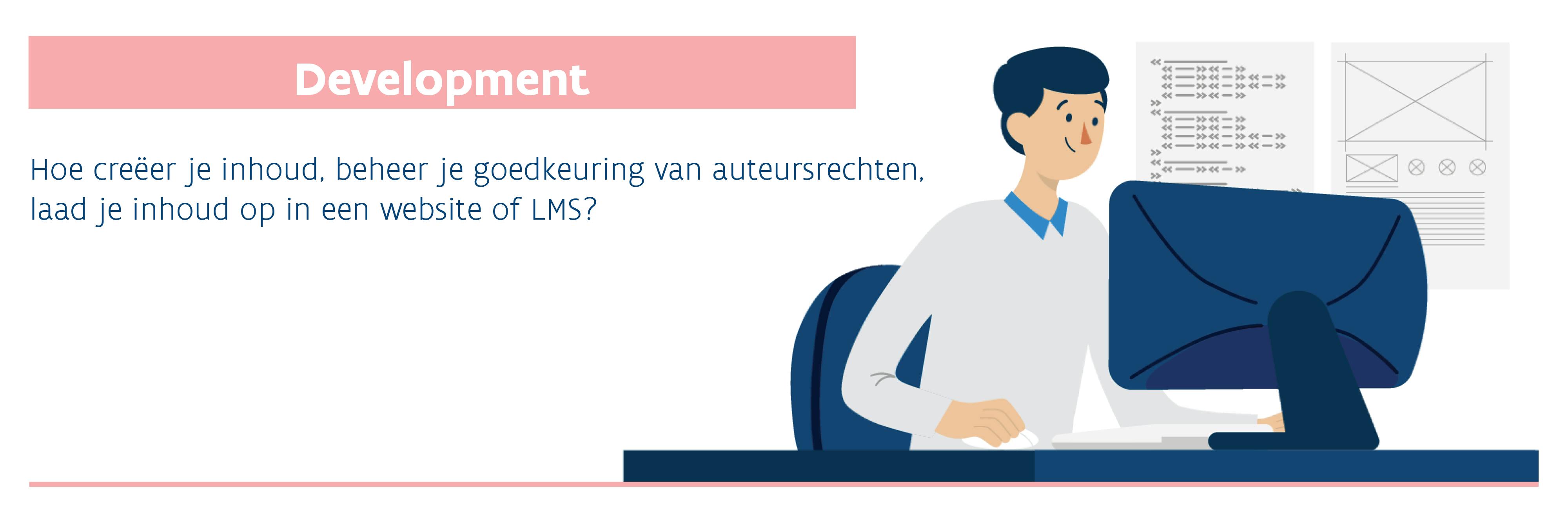 Persoon die achter computerscherm zit en werkt aan complexe vormgeving. Tektweergave: Development: hoe creëer je inhoud, beheer je goedkeuring van auteursrechten, laad je inhoud op in een website of LMS?