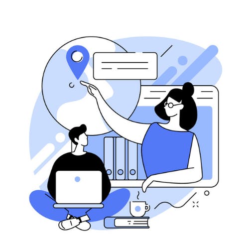 Lesgever wijst op kaart tijdens e-leren, cursist kijkt naar scherm met laptop.