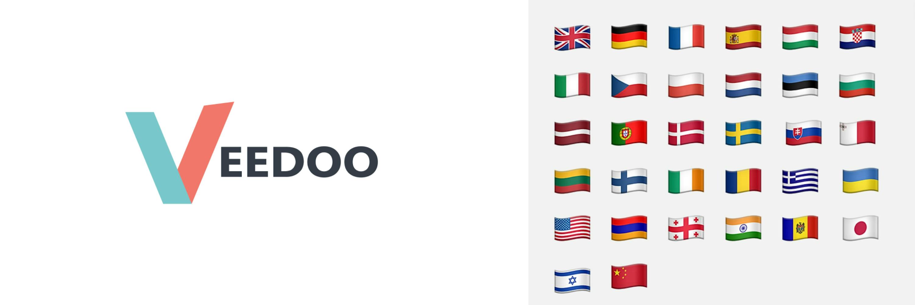 llustration folded into two parts - The first part shows the VEEDOO logo, the second part shows 32 country flags