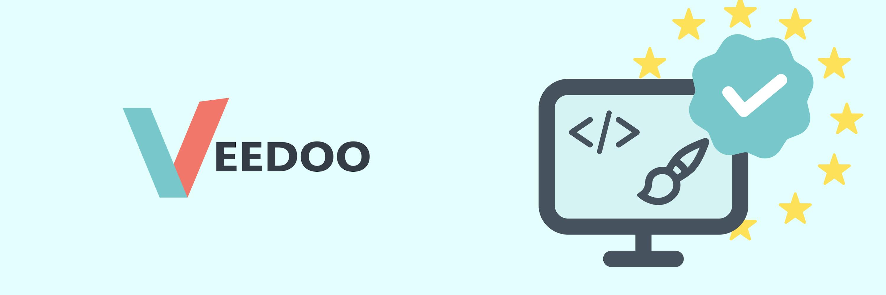 At the picture - Logo of VEEDOO, European Union Flag, laptop with coding and web designer and checkmark