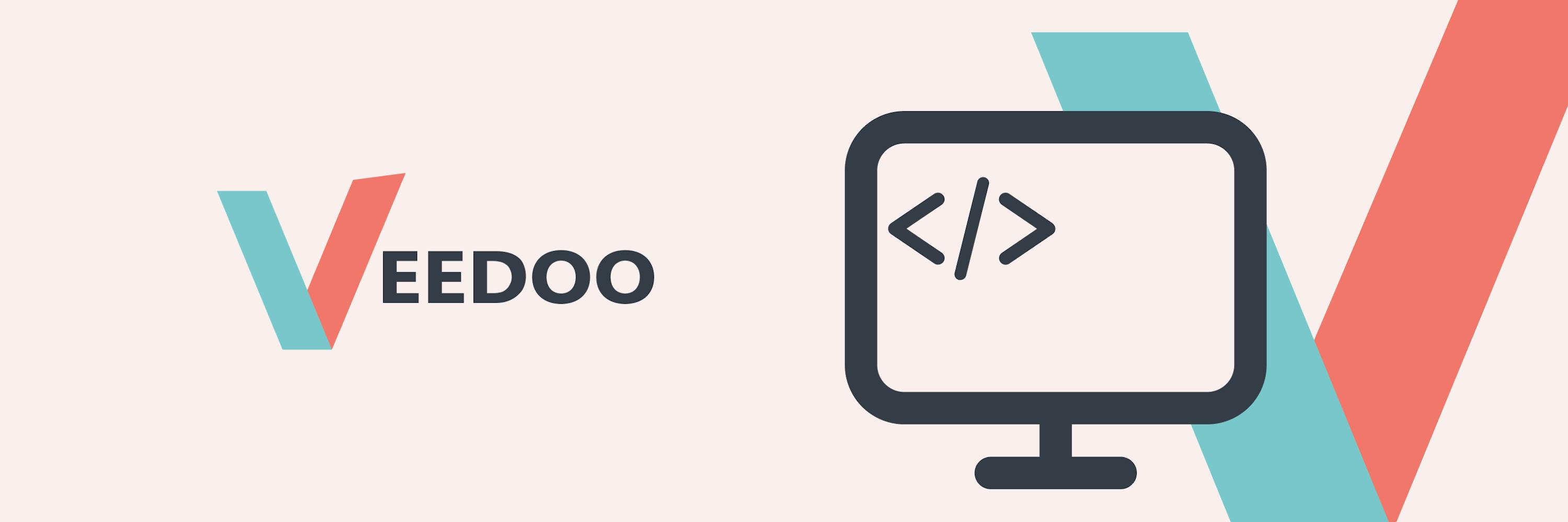 In the picture - the image consists of two parts, on the left is the text "VEEDOO", on the right - On the front part, a monitor of the coding developer is schematically depicted, on the back - the logo of the VEEDOO company