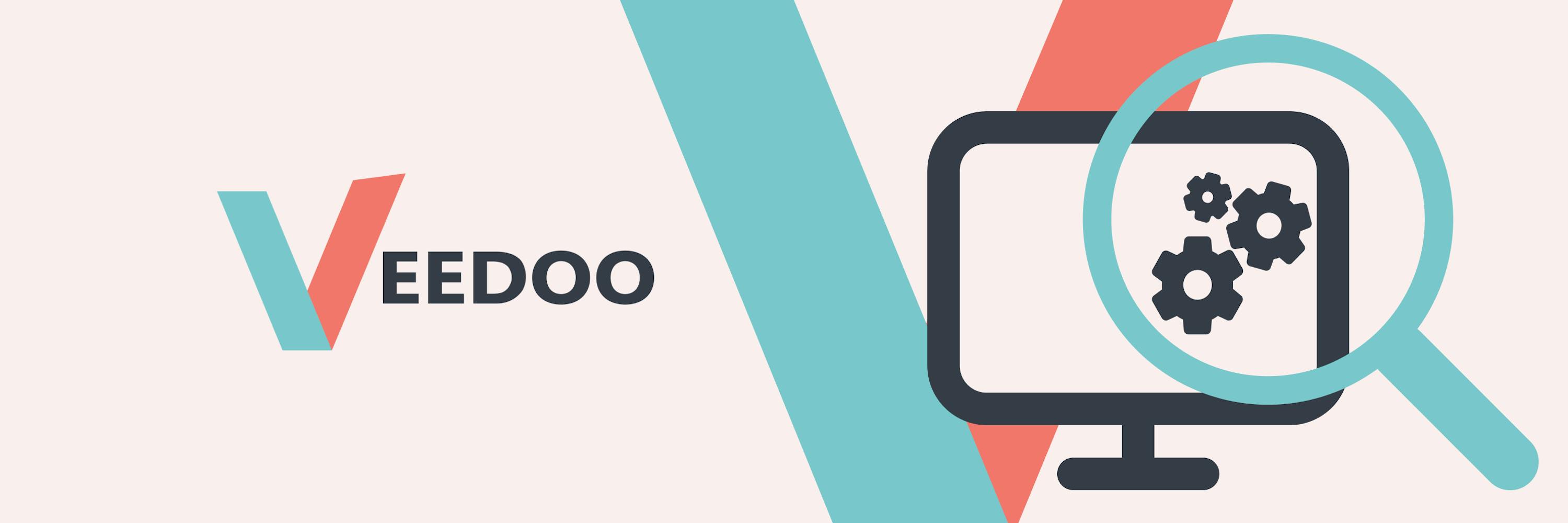 The image consists of two parts, the first one shows the VEEDOO company logo, the second one is a computer with three gears and a magnifying glass, symbolizing technical SEO
