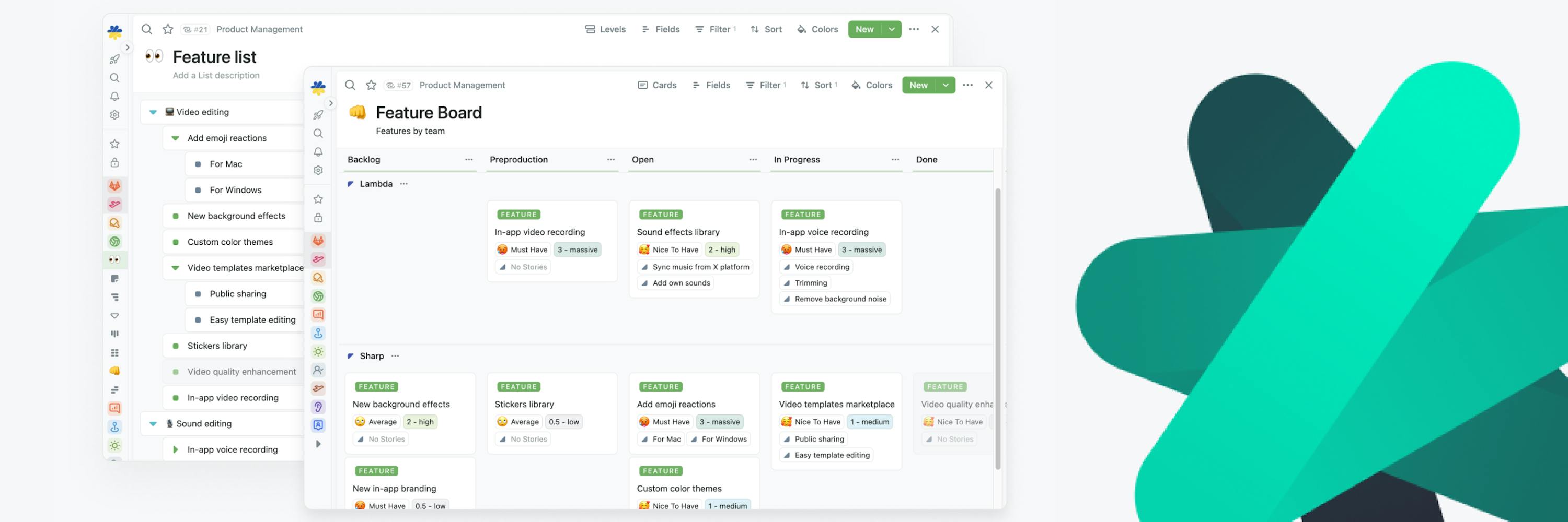 The image consists of two parts, the first part have two Fibery tables "Feature list" and "Feature board", the second part shows a field with Fibery logo