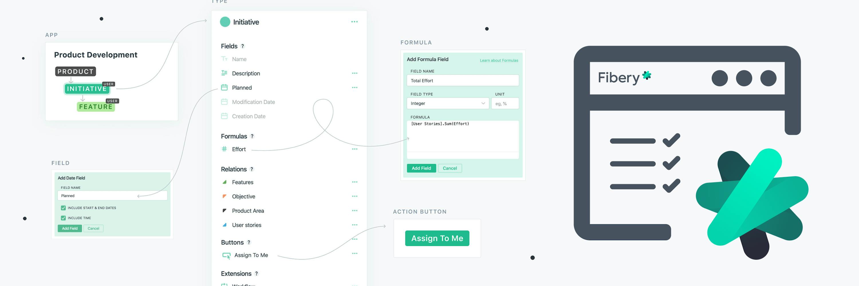 The image consists of two parts, the first part shows fields in Fibery Product Development, field, type, formula, action out ton, the second part shows a field with Fibery menu and logo
