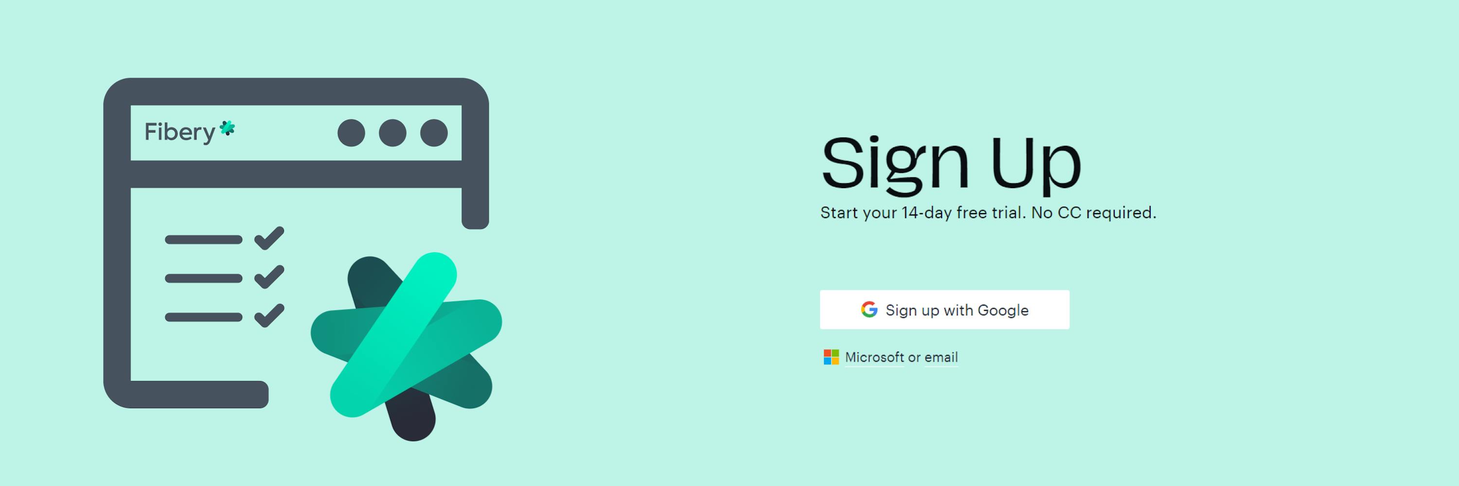 The image consists of two parts, the first part shows a field with Fibery menu and logo, second has text "sing up" and "sing up with Google"