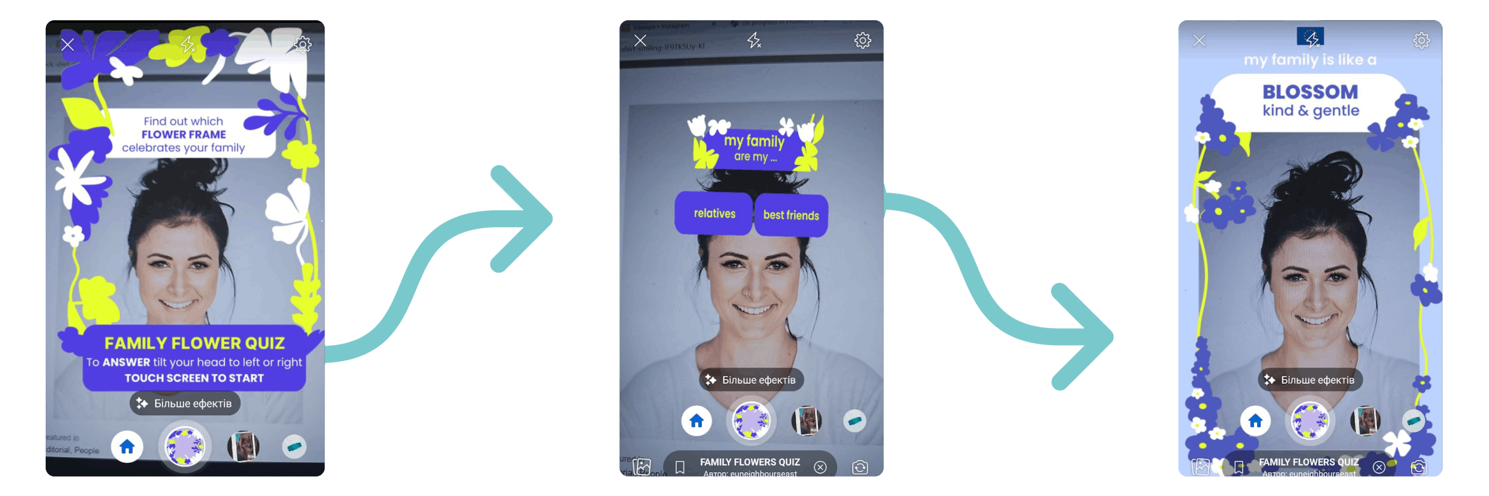A picture consists from three parts - Girl use various frame in social media - first is "family flower quiz", second is - "my family are my relatives or best friends" and third - "my family is like it blossom kind & gentle"