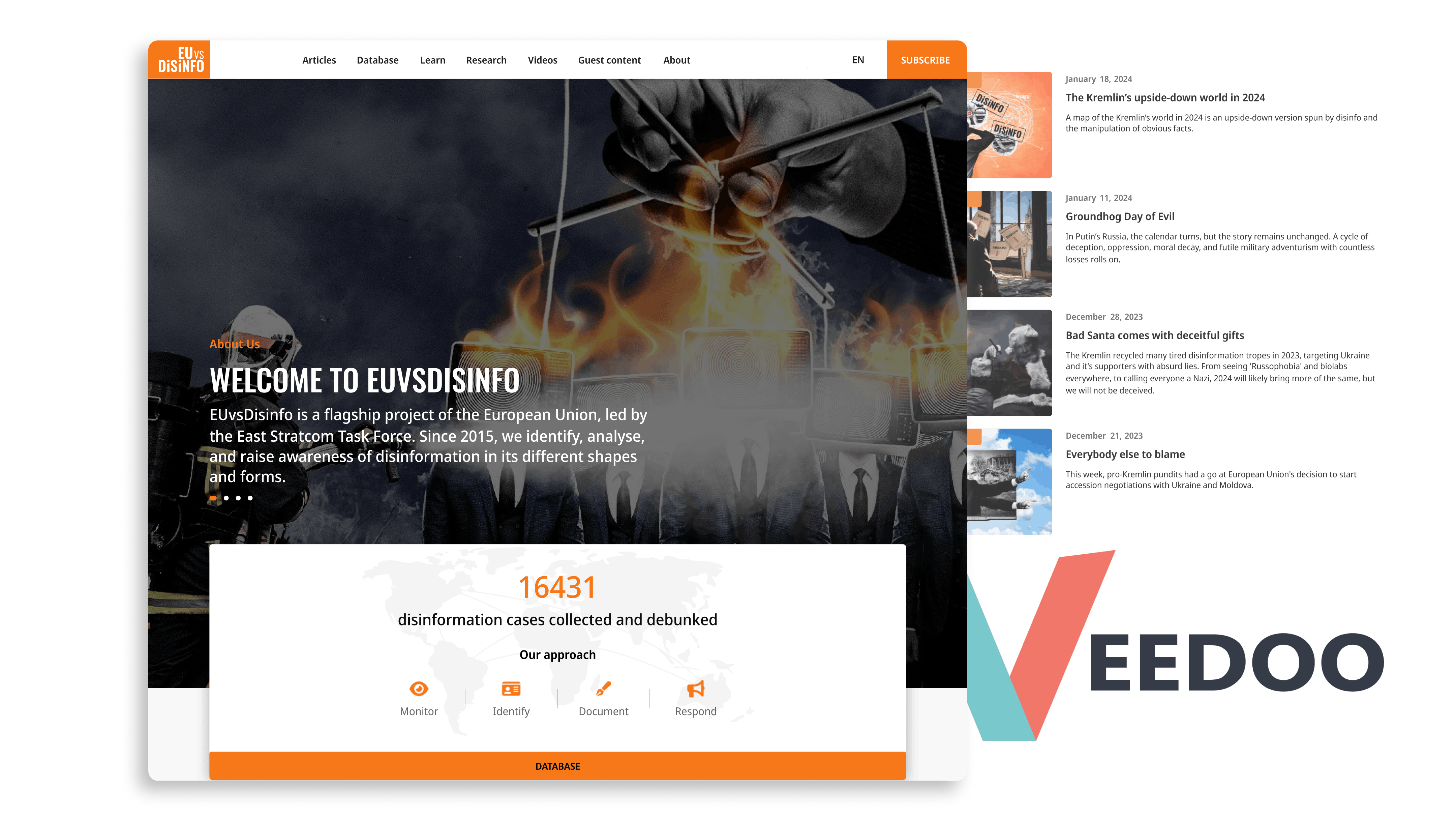 In the picture - screens of site eu vs disinfo and VEEDOO logo