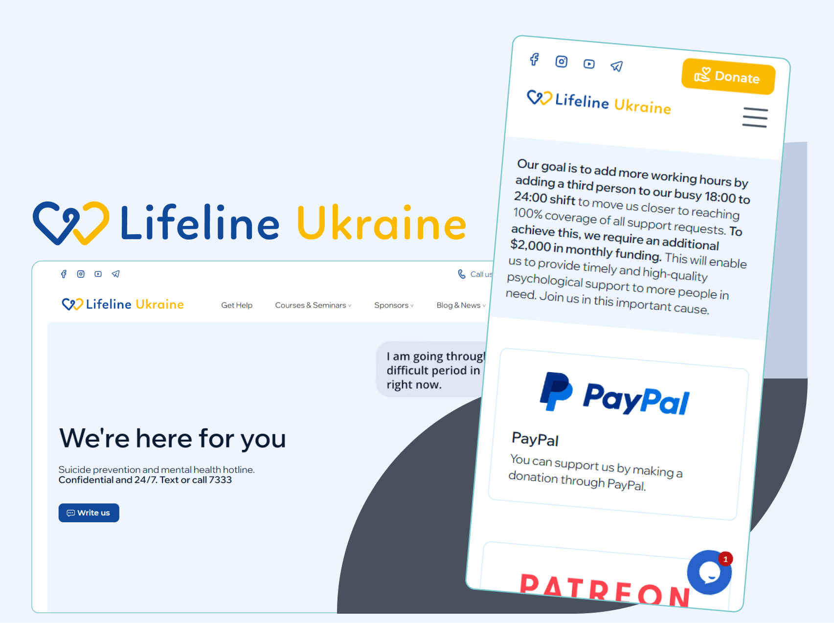 In the picture - LifeLine Ukraine's screen home page & donate page 