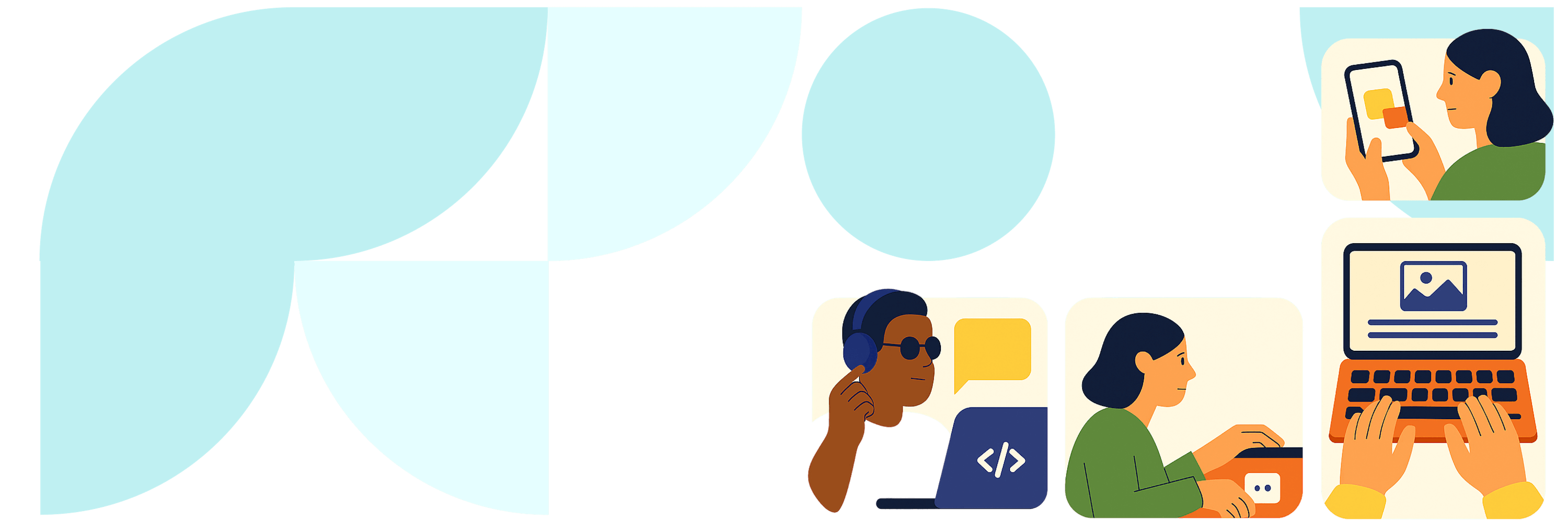 In the picture - llustration of inclusive digital design: diverse users interacting with technology, including coding, mobile devices, and assistive tools